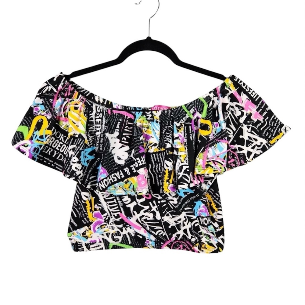 Off The Shoulder, Rainbow Graffiti Art Flowy CropTop, Going Out, Sz Med EUC
